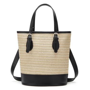 Imagem de Bolsa de mão de palha fofas bolsas de praia de verão para mulheres bolsas de vime bolsas de palha pequena bolsa balde bolsa transversal de viagem 2025, Preto, grande, Bolsa de palha