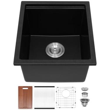 Imagem de Davivy 38 x 43,5 x 25,5 cm de granito preto, pia de preparação de barra de montagem dupla de 38 cm, pia de cozinha pequena de tigela única com acessórios