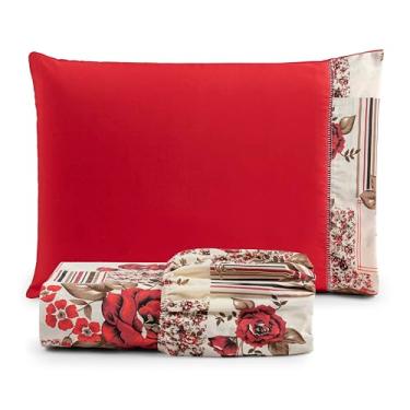 Imagem de Roupa de Cama Jogo Kit Solteiro 2 Peças - Lençol Percal 180 Fios 80% Algodão com Elástico Reforçado em Toda a Volta. (FLORAL VERMELHO)