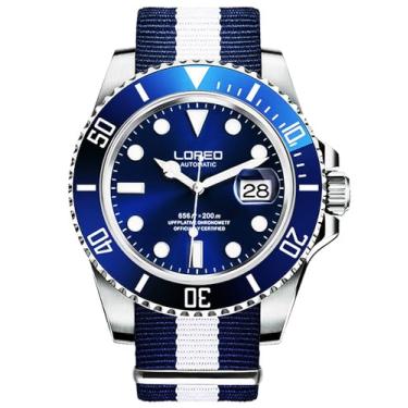 Imagem de LOREO Relógio masculino automático masculino prata aço inoxidável vidro safira preto moldura giratória, azul/nylon, Relógio de mergulho
