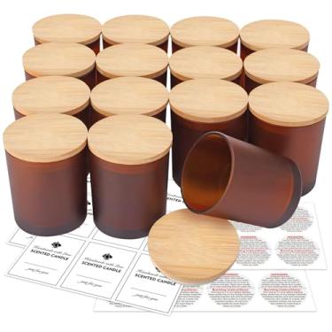 Imagem de SUPMIND Pacote com 15 frascos de vidro para vela - Frasco vazio âmbar fosco de 200 ml com tampas de bambu e etiquetas adesivas, frascos de vela marrom fosco a granel para fazer recipientes de vela