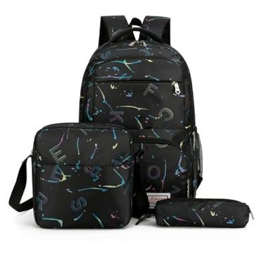 Imagem de sanjimida Conjunto de mochila escolar de 3 peças de 45,7 cm, estampa de letras, mochila com lancheira e estojo, preta ou rosa, Preto, Large, Escola