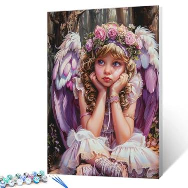 Imagem de Tucocoo Kits de pintura de anjo com asas por números 40,6 x 50,8 cm, pintura a óleo DIY para adultos com pincéis e pigmento acrílico, linda menina, floresta, imagem realista para decoração de casa