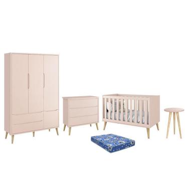 Imagem de Dormitório Infantil Theo Retrô 3 Portas, Cômoda, Berço, Mesa de Apoio com Pés Madeira Natural e Colchão - Reller Móveis Rosa Fosco