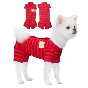 Imagem de TONY HOBY Roupas para animais de estimação feminino/masculino, listras para cães, pijamas com 4 pernas, pijamas para cães, macacão macio de algodão para o verão (vermelho+laranja-meninas, GG)