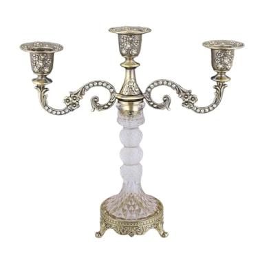 Imagem de IEUDNS Suporte de vela de 3 braços, candelabro, design retrô, suporte para fotos, para velas, castiçal para bar, casamento, quarto, decoração de casa, Bronze