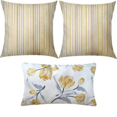 Imagem de Kit 3 Almofadas Composê Listrado e Floral Amarelo e Cinza - Sua Casa D
