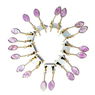 Imagem de 10 Brinco Navete Pedra Ametista Ranhurado Tarracha Dourado