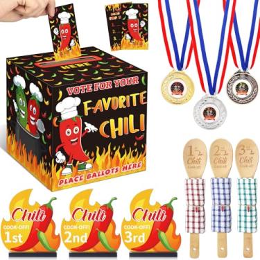 Imagem de Sinload Kit de 60 peças de chili cook off caixa de votação do concurso de cozinheiro de pimenta 50 cartões de votação 3 medalhas 3 troféus de madeira 3 colheres de madeira para cozinhar suprimentos de