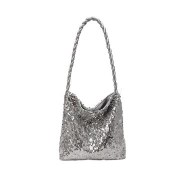 Imagem de Bolsa feminina de ombro com lantejoulas com glitter Hobo Bolsa de compras para festas de formatura de casamento, Bolsa balde prata, One Size