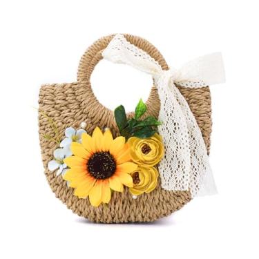 Imagem de Bolsa de palha, bolsa de praia criativa de verão com flor grátis, kit de decoração de renda e pérola - inclui cola em bastão - perfeita mini bolsa de mão boho de verão para mulheres