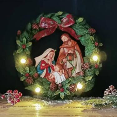 Imagem de Escultura luminosa alimentada por bateria, estátua cristã de guirlanda de Natal, estatuetas colecionáveis, enfeites de parede artesanais de resina de Natal (grinalda cristã)
