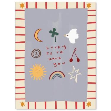 Imagem de WOFUPMY Boho Kids Wall Art Colorido Pássaro Fofo Pintura Pôsteres Afirmações Positivas Decoração de Parede Lucky Is To Have You Impressões em Tela para Sala de Jogos Quarto de Bebê 30 x 40 cm Sem