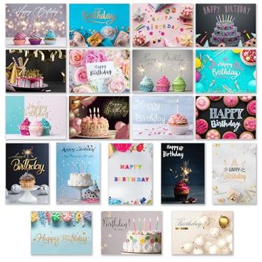 Imagem de 120 cartões de feliz aniversário a granel com envelopes e adesivos, em branco dentro, 20 notas de designs exclusivos, cartolina grossa, acabamento fosco em uma caixa resistente, 10 x 15 cm
