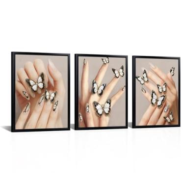 Imagem de WELMECO Decoração de casa de banho, borboleta, arte de unhas, quadro de manicure para quarto, decoração de salão de beleza, 30 x 40 x 3 peças, bege elegante, moldura preta