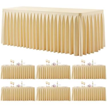 Imagem de Pacote com 6 toalhas de mesa retangulares bege de 2,5 m, elastano elástico, para mesas retangulares de 2,3 m, toalhas de mesa de banquete, sem rugas, saia com babados, toalha de mesa para festa