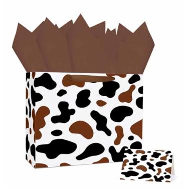 Imagem de MUNILAIL Saco grande de presente de vaca marrom de 33 cm com alça de papel de seda e cartão comemorativo para festa de aniversário infantil para chá de bebê bolsa de presente
