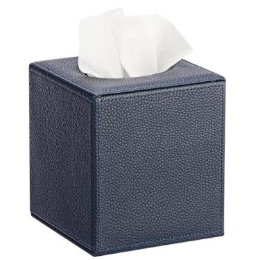 Imagem de Sumnacon Capa de caixa de lenços quadrada caixa de lenços de papel PU elegante com fundo magnético, capa de tecido de cubo de couro para sala de estar, banheiro, quarto, mesa, escritório, carro, azul