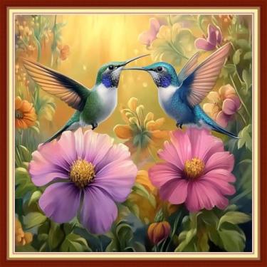 Imagem de DMCVIVR Kits de ponto cruz estampado para iniciantes e adultos, kits de bordado para iniciantes, kit de cruz para iniciantes 11 ct - flores de beija-flor 45,7 x 45,7 cm