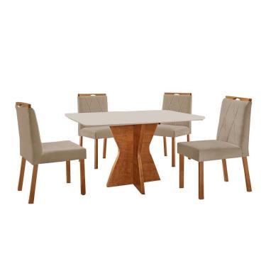 Imagem de Conjunto Sala De Jantar Mesa Madri 120x80cm Tampo Retângular Vidro Off White Com 4 Cadeiras Bela Veludo Bege