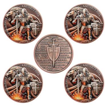 Imagem de Moeda de desafio de cavaleiro e leão de 5 peças | Medalhão de valor cavalheiresco e escudo sagrado | símbolo histórico de cavaleiro e leão | presentes comemorativos para colecionadores, historiadores