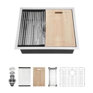 Imagem de Pia de cozinha com montagem inferior de 58 cm – 58 x 48 cm, borda de aço inoxidável, calibre 16, tigela única, feita à mão, canto redondo, pequena pia de cozinha com tábua de cortar