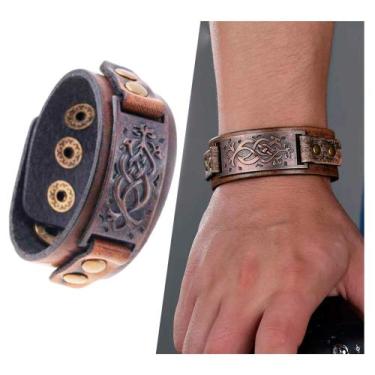 Imagem de Pulseira de Couro Masculina Tribal Ajustável Três Tamanhos Marrom Brac