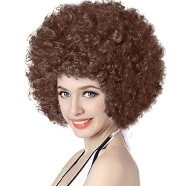 Imagem de Peruca Afro curta unissex - 30,48 cm cacheado sintético festa de Halloween fantasia hippie anos 70 Cosplay perucas (marrom)