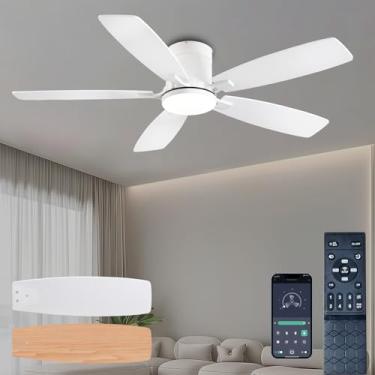 Imagem de Ayaoty Ventiladores de teto com luzes, ventilador de teto de perfil baixo de 132 cm com luz e controle remoto, montagem embutida, motor reversível, regulável, sem ruído, ventilador de teto branco para