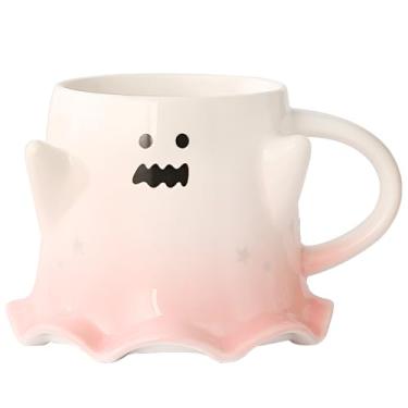 Imagem de J.Ehonace Caneca de café de cerâmica fantasma de Halloween 400 ml - design de abóbora, formato de fantasma assustador com rosto adorável, seguro para micro-ondas e lava-louças, decoração festiva para