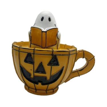Imagem de Generic Luminária noturna de abóbora de Halloween com abajur exclusivo e fofo com fantasma de leitura, luminária decorativa para quarto, lareira, mesa de, 15cm Sem Boca