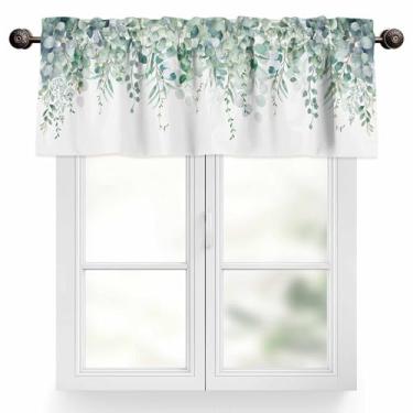 Imagem de Cortina de cozinha botânica sanefa para janelas, folha de eucalipto verde no bolso do varão branco, pequena sanefa aquarela, folhas caídas, tratamento de janela curta para quarto, banheiro, sala de