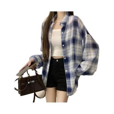 Imagem de Camisa Feminina Oversize De Chiffon Transparente Com Estampa Xadrez, M