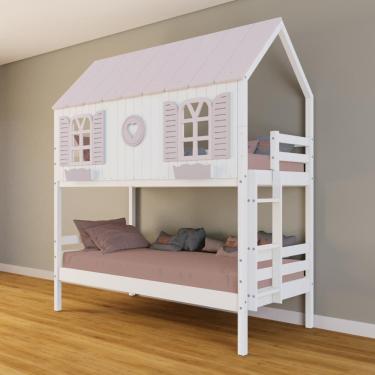 Imagem de Beliche Casinha Bela com Coração - Madeira Maciça Branco/Rosa | Housin