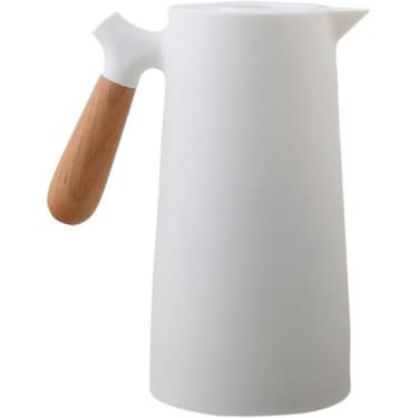 Imagem de Garrafa Térmica Branca Estilo Nórdico 1L com Cabo de Madeira Ideal para Café, Chá Mesa Posta, Decoração Moderna e Utensílios de Cozinha Elegantes.