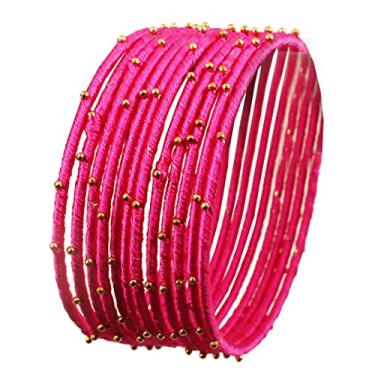 Imagem de Pulseira feminina Touchstone New Silk Thread Bangle Collection indiana Bollywood feita à mão de seda sintética visual exótico com contas douradas braceletes de designer conjunto de 12 unidades. Fúcsia