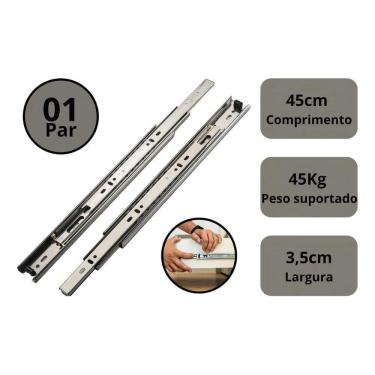 Imagem de 2X Corrediça Gaveta Trilho Telescópico 45Cm - 45Kg - Par Cor