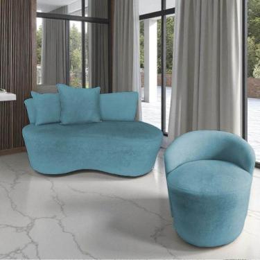 Imagem de Kit Namoradeira + Poltrona Yara Orgânica Bouclé Azul Turquesa - Mansão