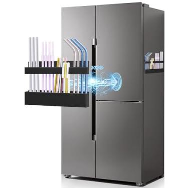 Imagem de Suporte magnético de canudo para porta de armário com fita adesiva dupla face reutilizável, recipiente de armazenamento organizador de canudo de metal para geladeira balcão armário armário cozinha