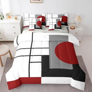 Imagem de Erosebridal Conjunto de edredom solteiro, listrado, branco, preto, vermelho, boêmio, geométrico, abstrato, 7 peças, para adultos, mulheres, homens, geométrico, listrado, linhas, cama quadrada e