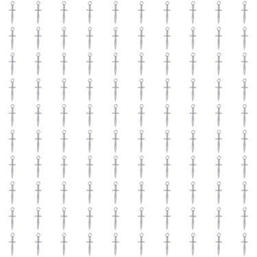 Imagem de Shapenty Pingente de punhal vintage pequeno e espada, pingentes para Halloween, brincos, pulseiras, chaveiros, joias, suprimentos de artesanato, decoração de Natal, 100 peças (prata antiga)