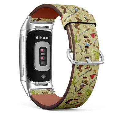 Imagem de MRAKPLGE Pulseira de relógio, estampa cowboy Wild West Objects, compatível com Fitbit Charge 6/Fitbit Charge 5, pulseira de couro vegano de substituição, pulseira, pulseira para homens e mulheres