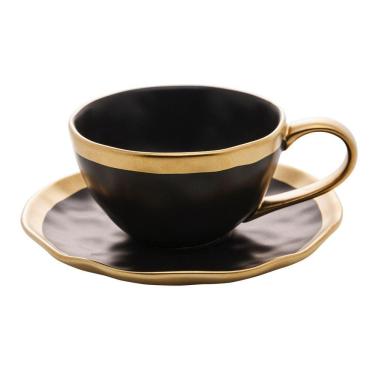 Imagem de Xícara P/Chá C/Pires de Porcelana Preto Fosco/Dourado Dubai 200ml Wolff