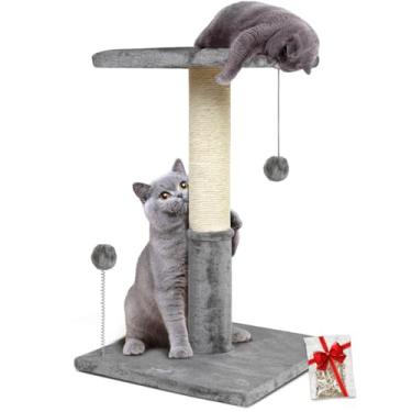 Imagem de Happi N Pets Poste arranhador de gato de 66 cm com poleiro, arranhadores de sisal natural para gatos em ambientes internos, com bolas penduradas e cama aconchegante para gatos, postes de arranhar para gatos estáveis - cinza claro