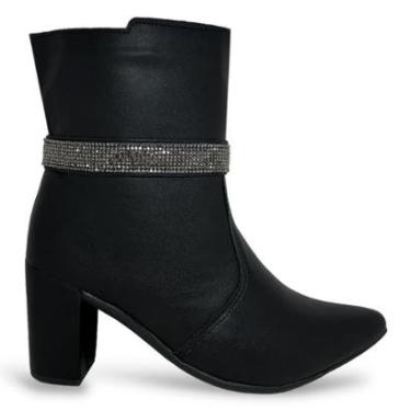 Imagem de Bota Feminina Preta Tira Strass Cano Curto Bico Fino Salto Bloco Grosso-Feminino
