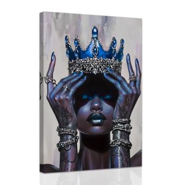 Imagem de ZXHYWYM Arte de parede em tela afro-americana imagem de rainha azul pintura de mulheres negras decoração de parede afro-menina moda impressões de arte quarto decoração de casa emoldurada (40,6 cm x 61