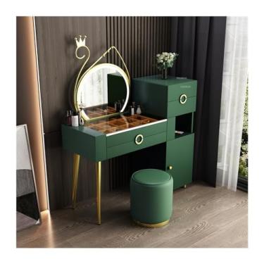Imagem de Escrivaninha de penteadeira Mesa de toucador grande com gavetas, espelhos e bancos, conjunto maquiagem moderno armário armazenamento, penteadeira para quarto(Green)