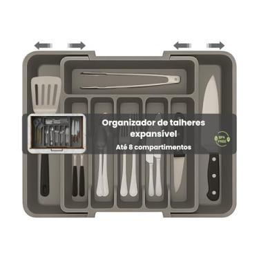 Imagem de Porta Talheres Expansível, Organizador Grande Para Gaveta Ajustável, Cor Cinza Polipropileno, 8 Divisórias, Design Moderno Multiuso Ideal para Cozinha.
