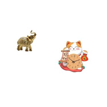 Imagem de Fenteer Elefante Gato Resina Arte Escultura Desktop Ornamento Relógio de Parede Anti-taque Estatueta Decorativa para Prateleira Quarto Mesa Escritório C