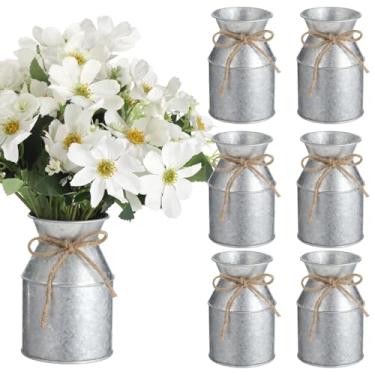 Imagem de 6 vasos de lata de leite, conjunto de vasos de flores rústicas, vaso galvanizado, vasos de fazenda de 13,5 cm com arco de serapilheira, jarro de metal vintage para casa, casamento, decoração de festa